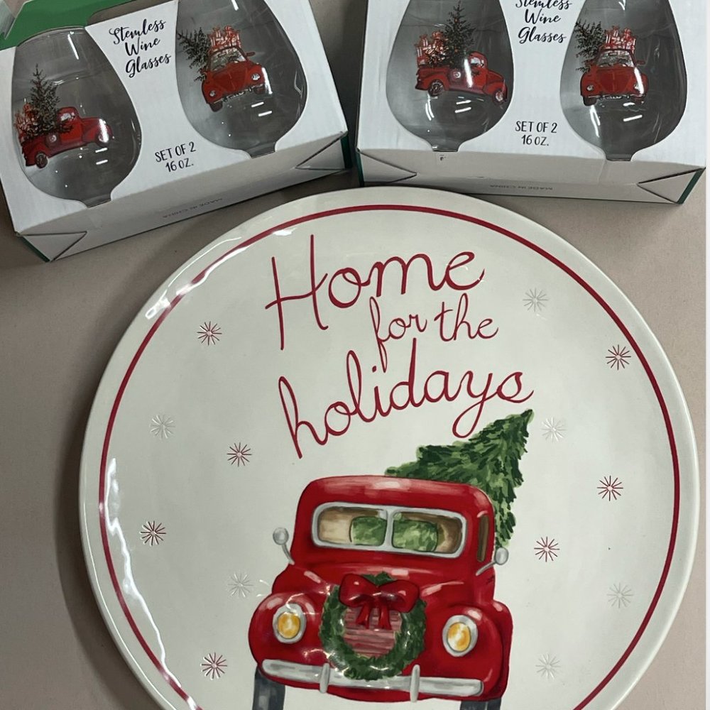 MUDPIE Holiday Serving Platter and Wine Glass Set NWT